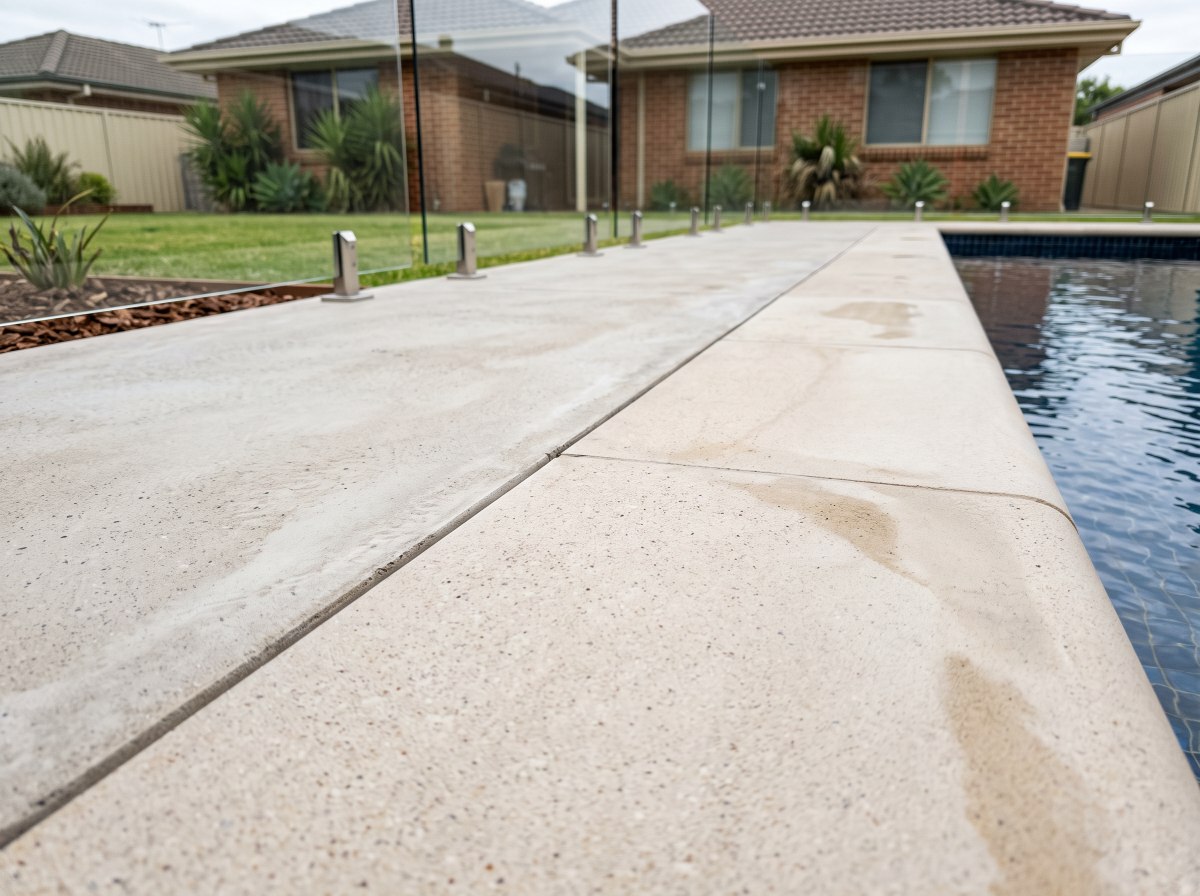 Concrete pool surround with a flush coping edge