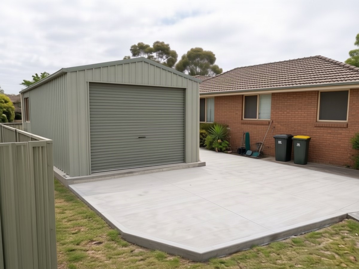 Colorbond shed on a new concrete pad with a poured apron in front